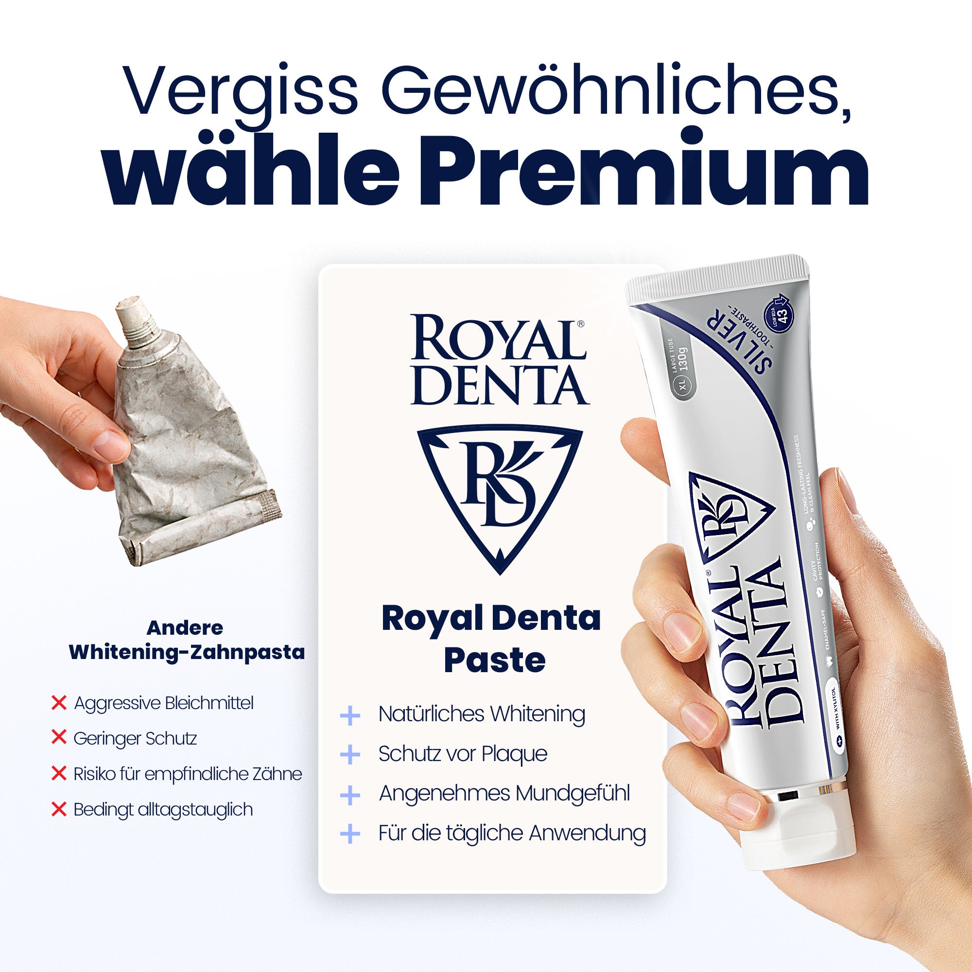 Royal Denta toothpaste tube and packaging with German text on a white background