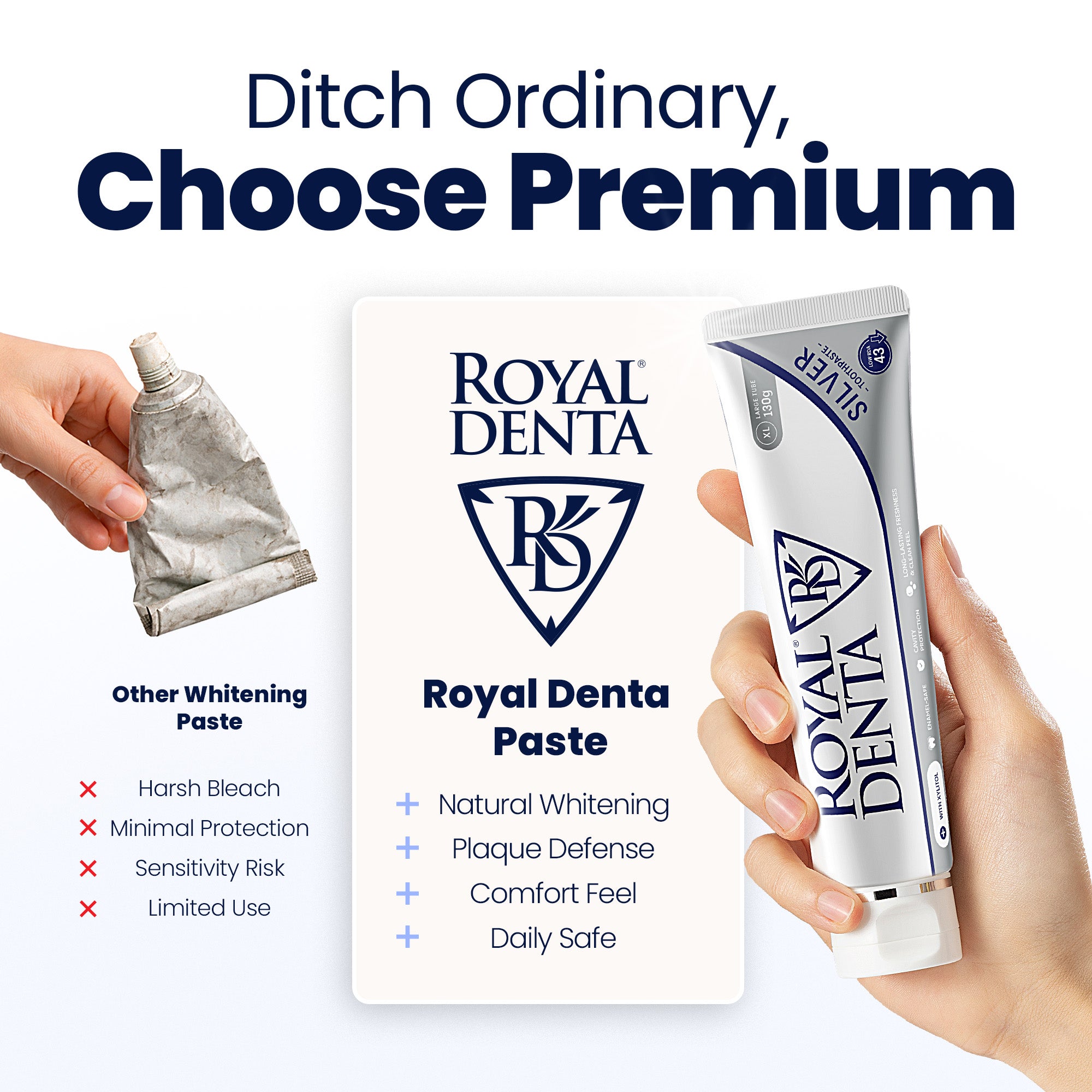 Comparison table for Royal Denta naturally whitening toothpaste and other whitening toohpastes.