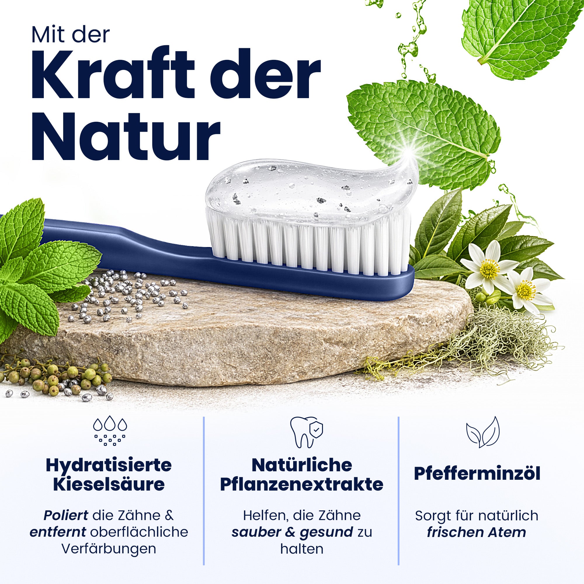 Royal Denta toothbrush with whitening toothpaste explaining features of the product and natural ingredients.