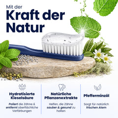 Royal Denta toothbrush with whitening toothpaste explaining features of the product and natural ingredients.