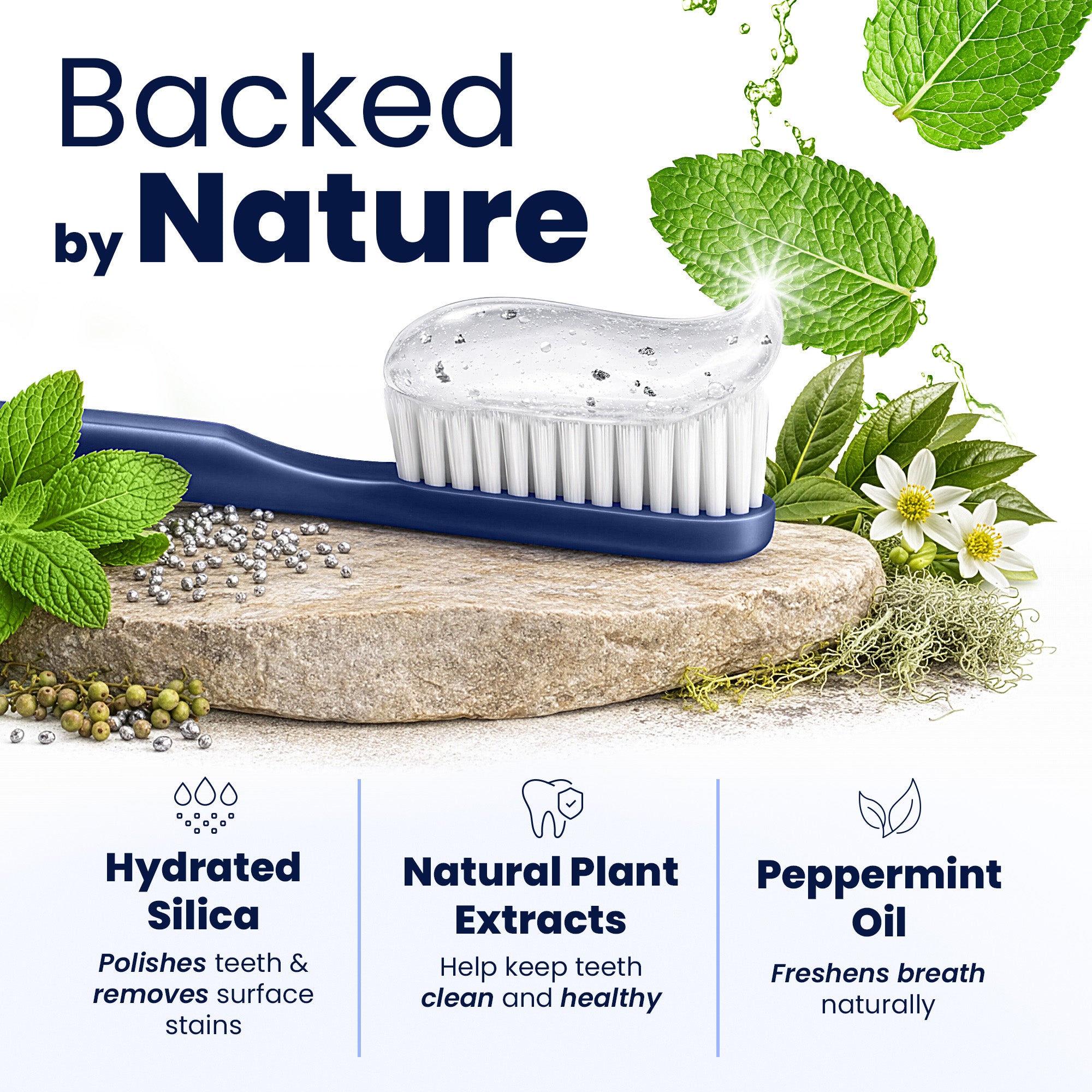 Royal Denta toothbrush with whitening toothpaste explaining features of the product and natural ingredients.