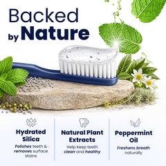 Royal Denta toothbrush with whitening toothpaste explaining features of the product and natural ingredients.