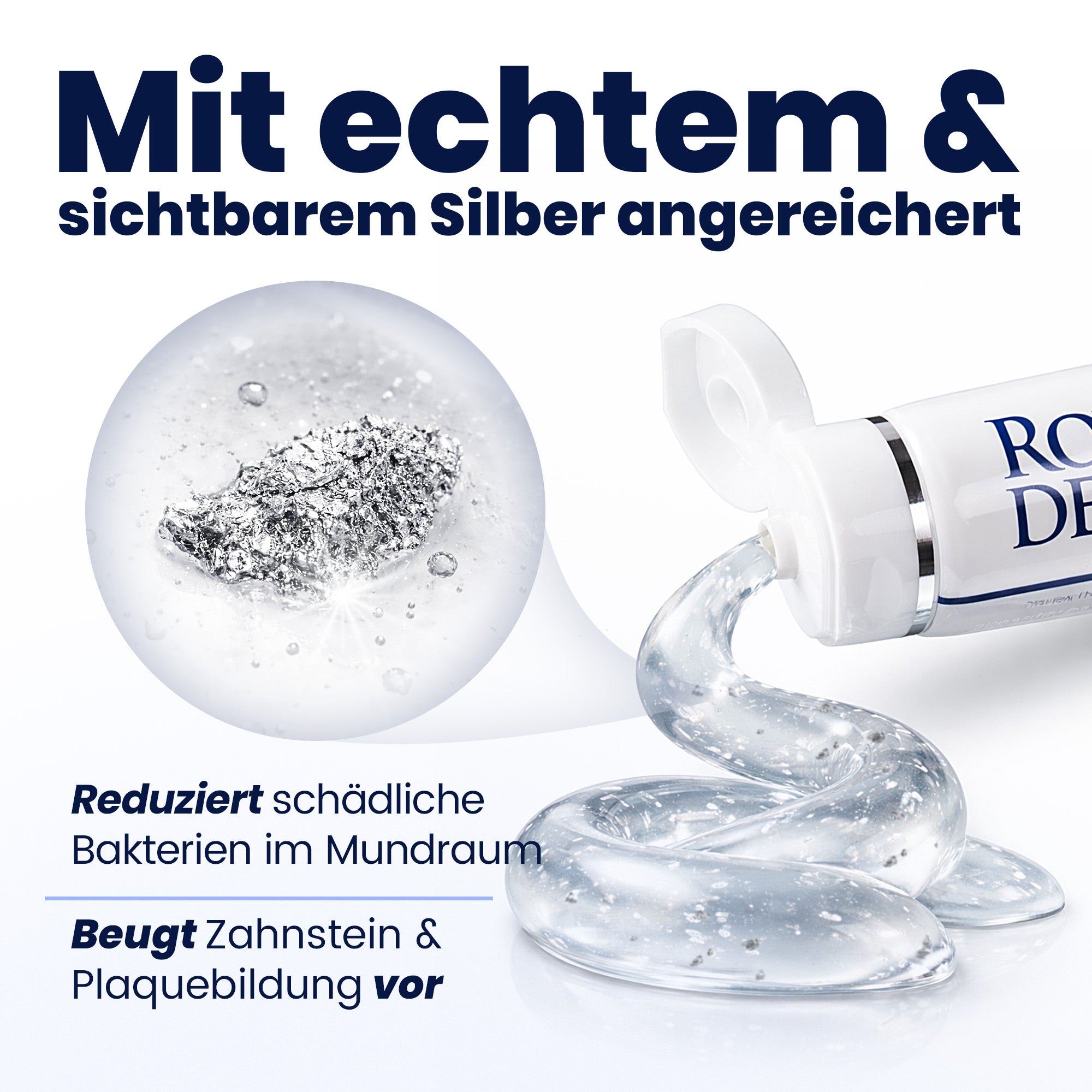 Cosmetic product with silver particles and text about dental care on a white background