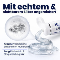 Cosmetic product with silver particles and text about dental care on a white background