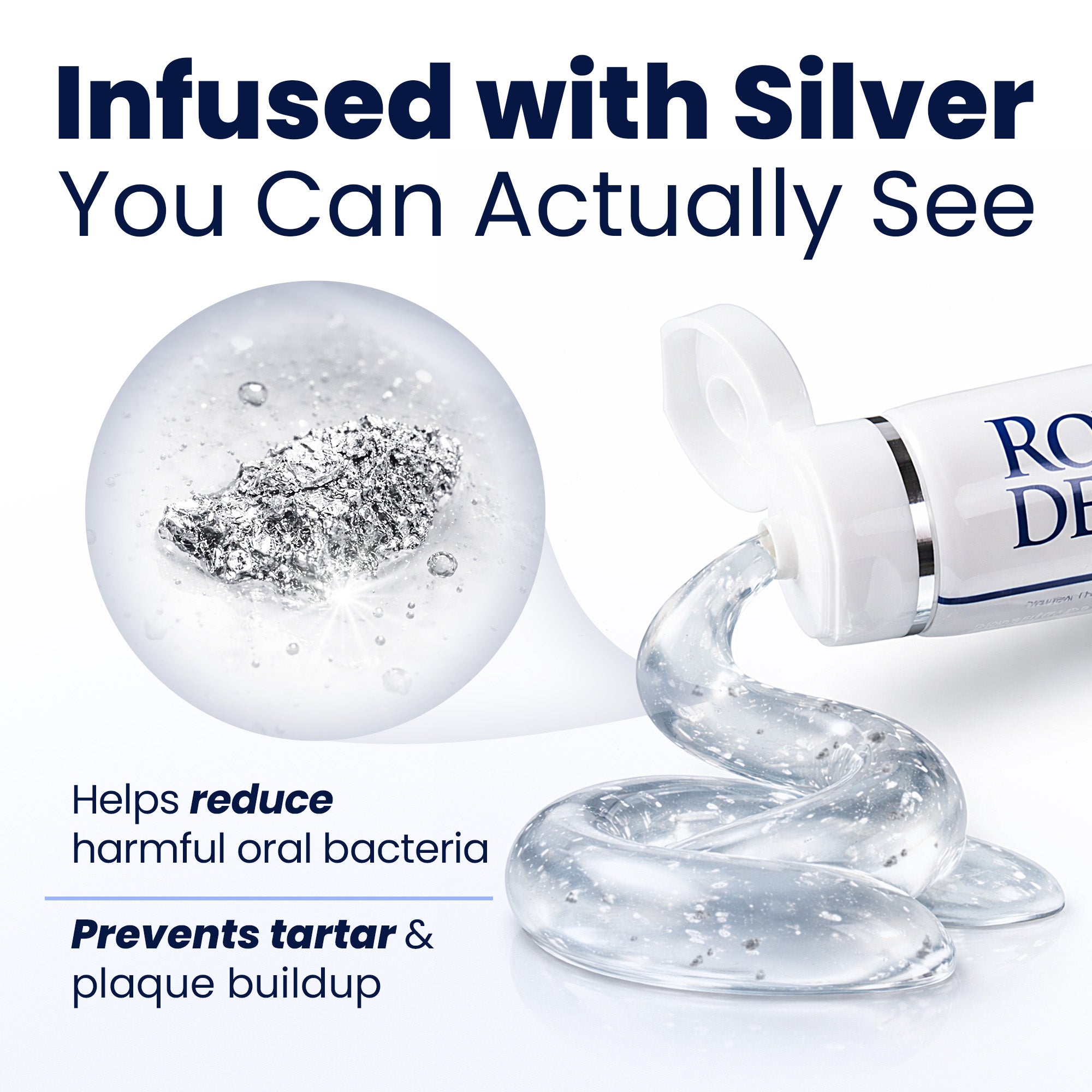 Product with visible silver particles and text about reducing harmful bacteria and preventing tartar and plaque buildup.