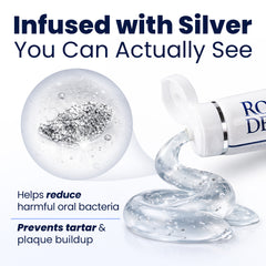Product with visible silver particles and text about reducing harmful bacteria and preventing tartar and plaque buildup.