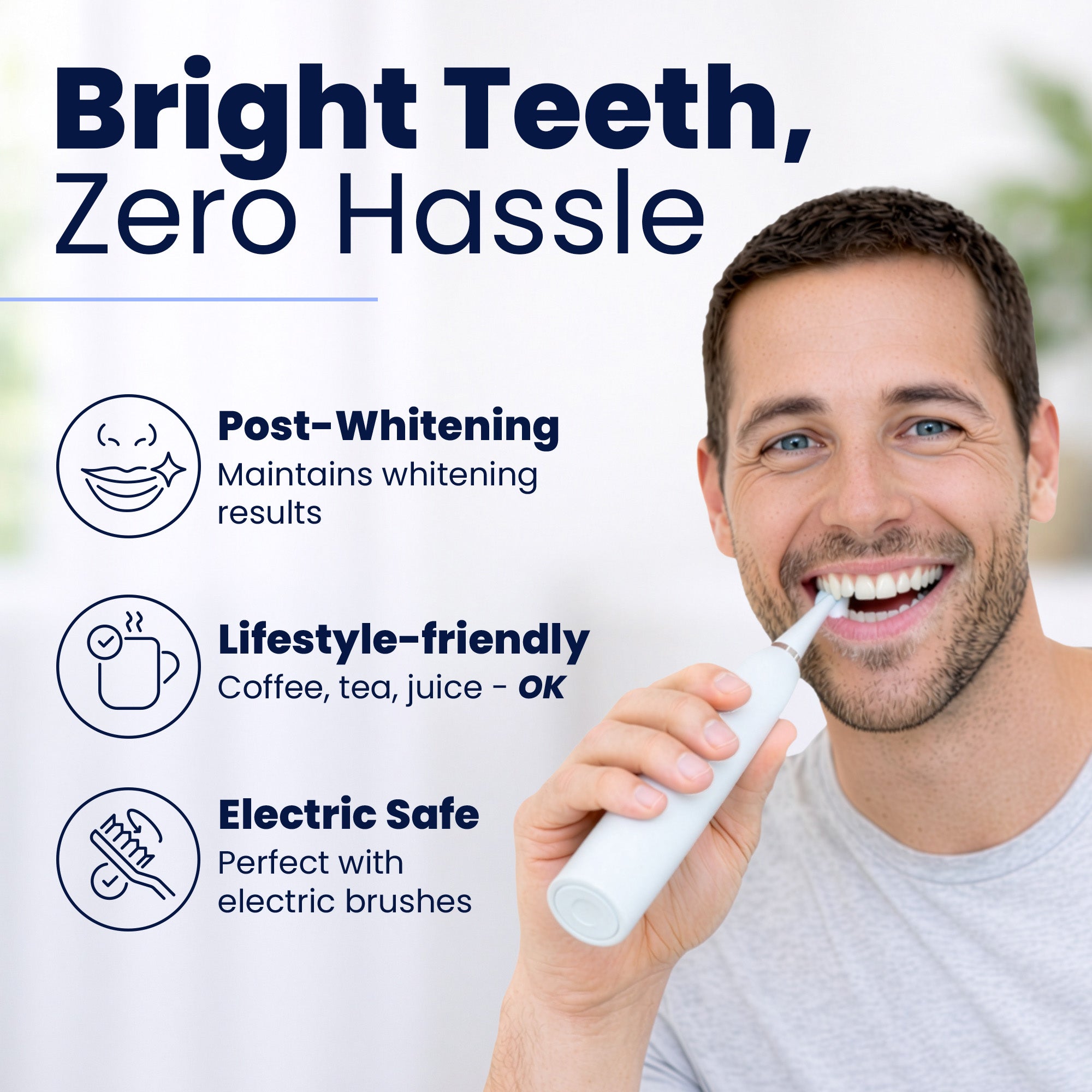 Man using an electric toothbrush with text highlighting benefits on a white background.