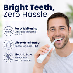 Man using an electric toothbrush with text highlighting benefits on a white background.