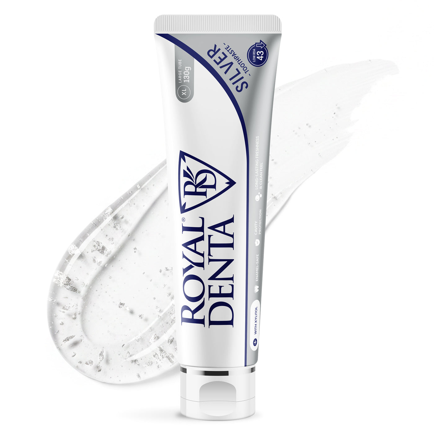 Tube of Royal Denta naturally whitening toothpaste with silver spread on a white background