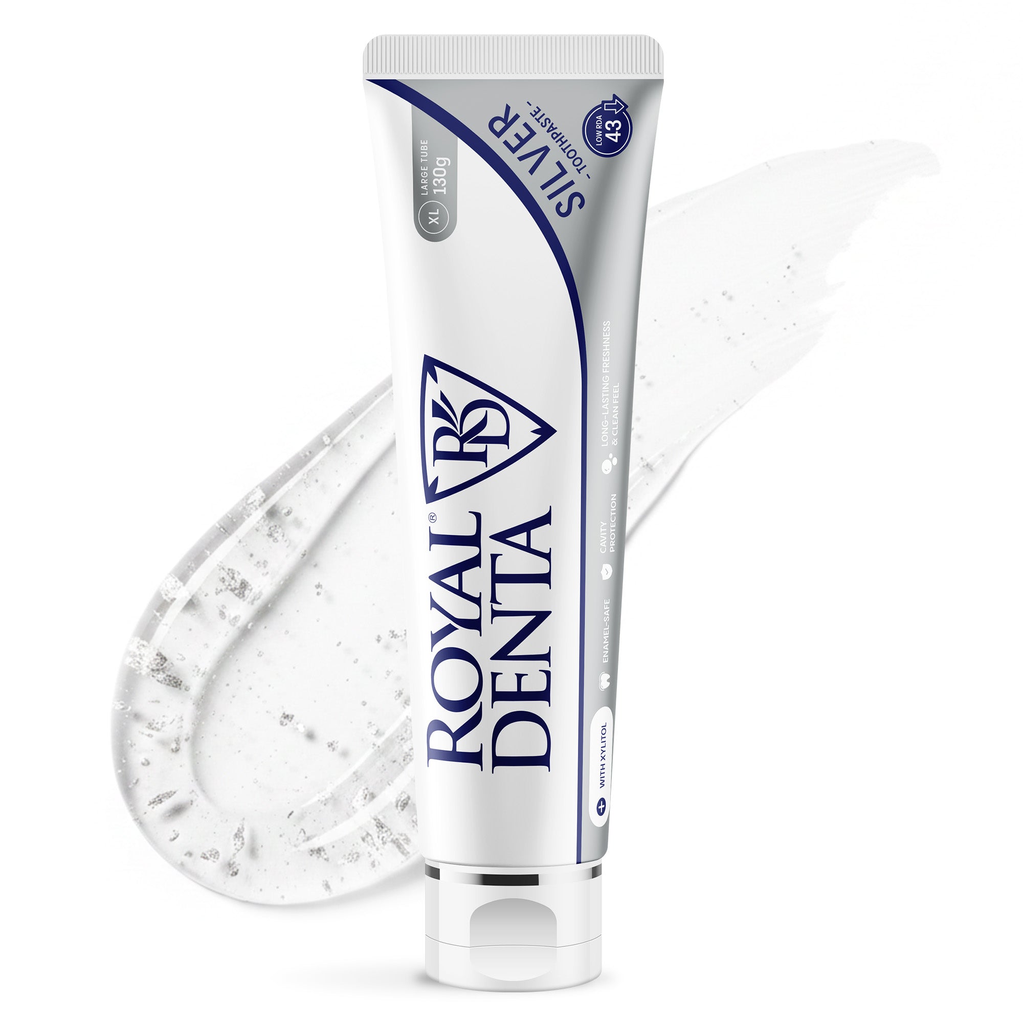 Tube of Royal Denta naturally whitening toothpaste with silver spread on a white background