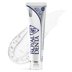 Tube of Royal Denta naturally whitening toothpaste with silver spread on a white background