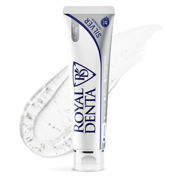 Tube of Royal Denta naturally whitening toothpaste with silver spread on a white background