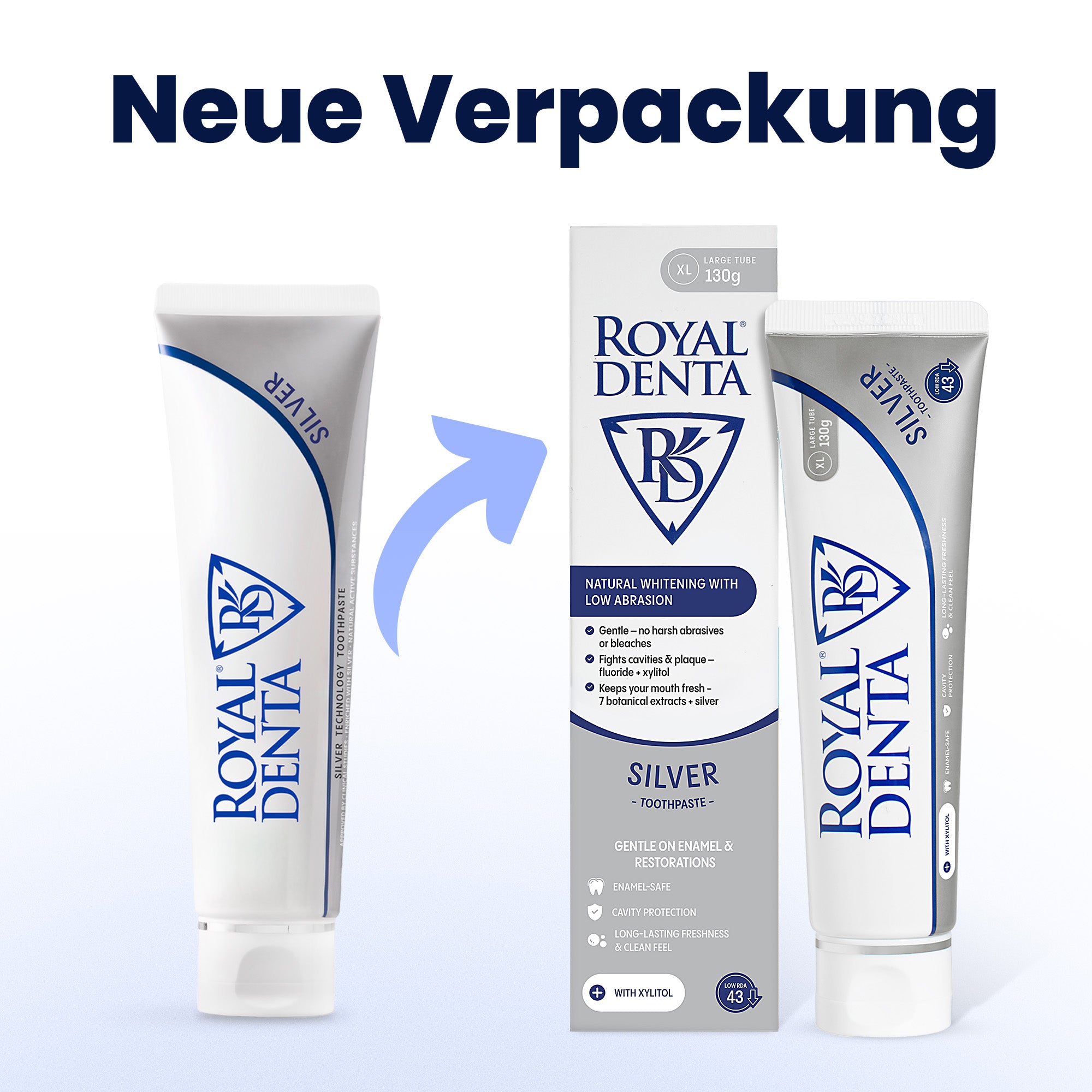 Two tubes and a box of Royal Denta Silver toothpaste on a light blue background