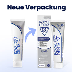 Two tubes and a box of Royal Denta Silver toothpaste on a light blue background