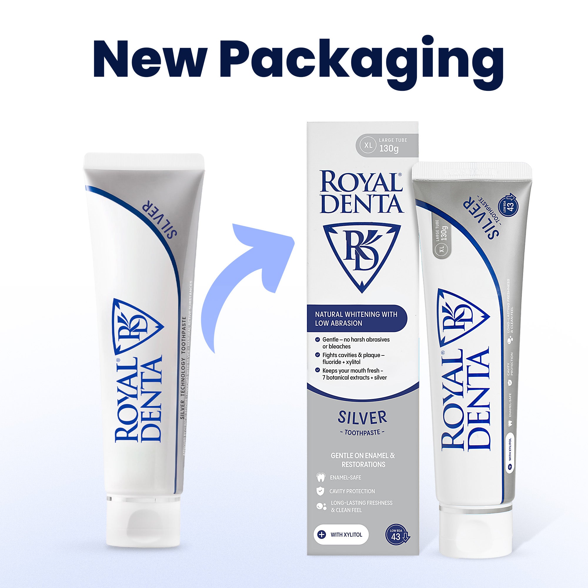 Two tubes and a box of Royal Denta Silver toothpaste on a light blue background showing old and new packaging
