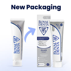 Two tubes and a box of Royal Denta Silver toothpaste on a light blue background showing old and new packaging