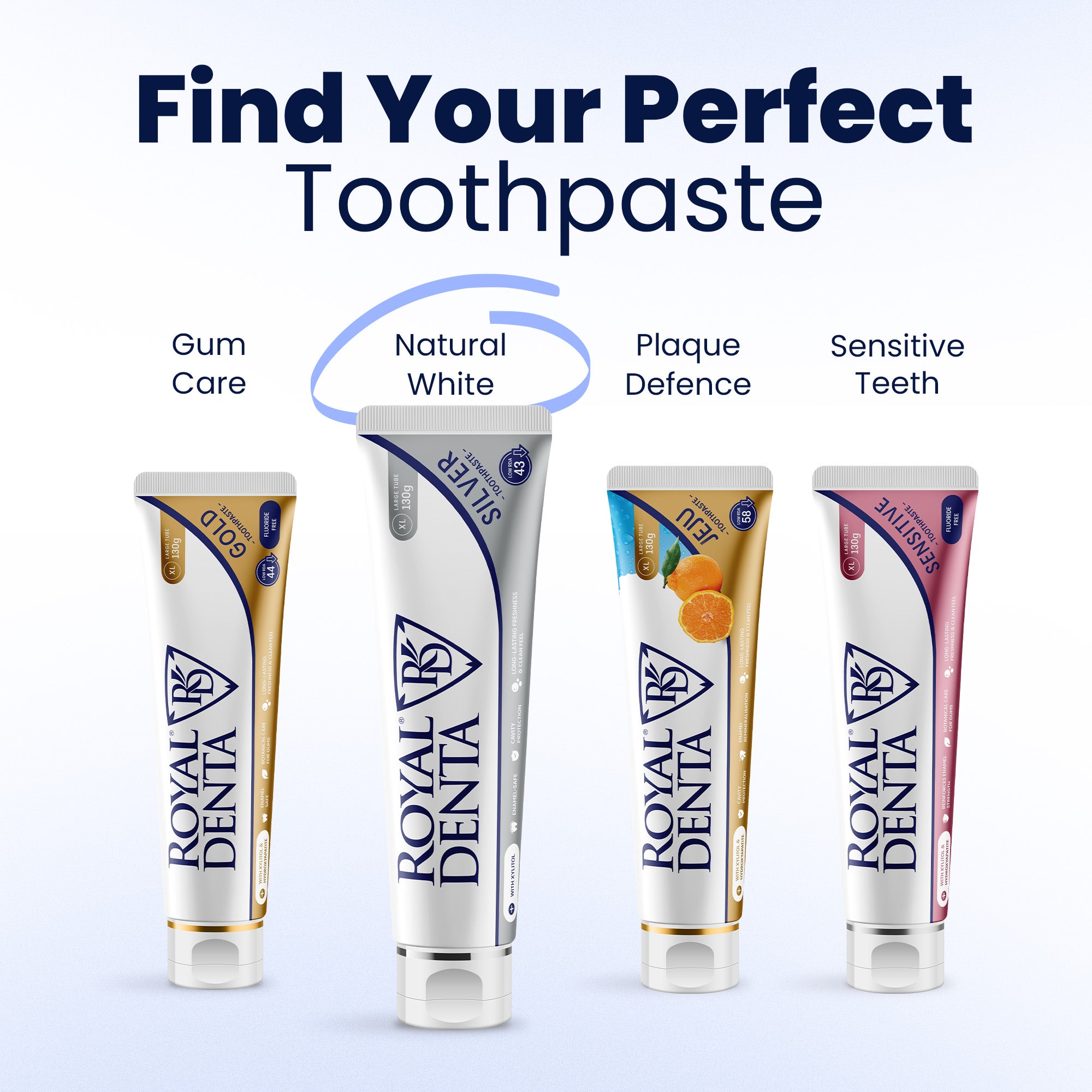 Four tubes of Royal Denta toothpaste with different coloured packaging on a light blue background.