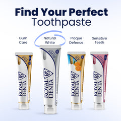 Four tubes of Royal Denta toothpaste with different coloured packaging on a light blue background.
