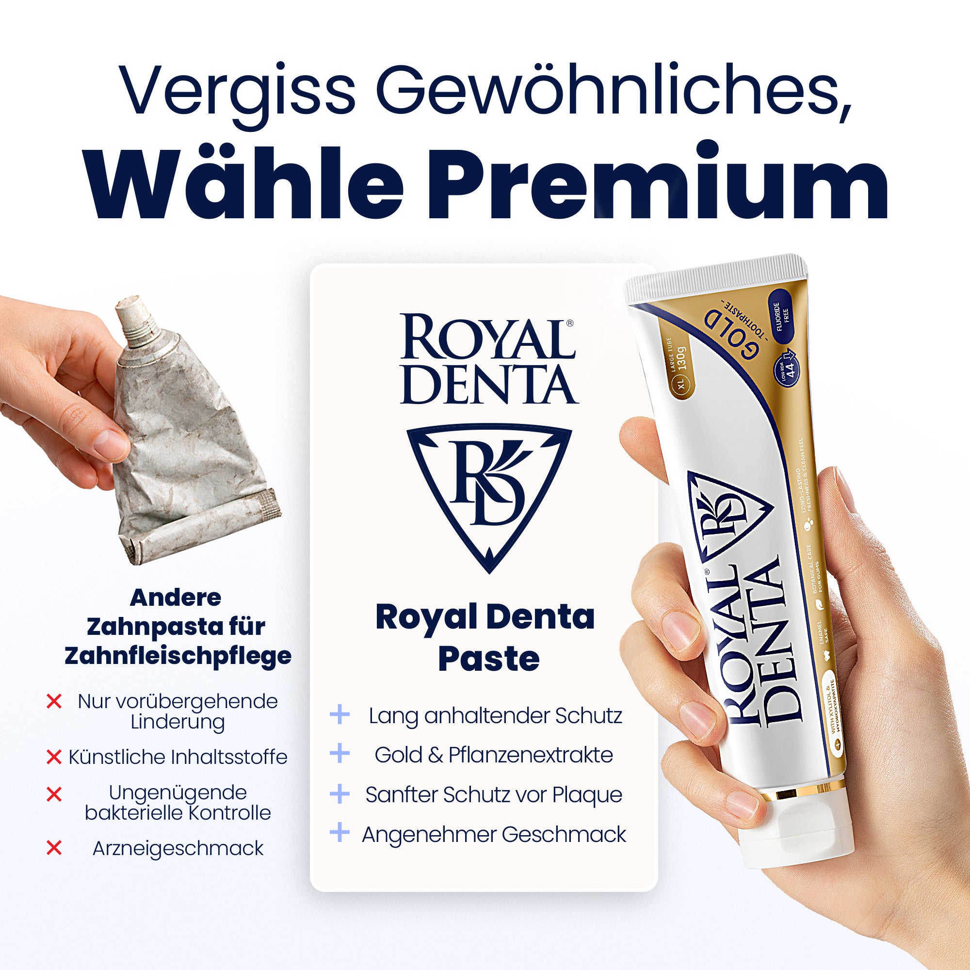 Advertisement for Royal Denta toothpaste with a comparison to ordinary toothpaste.